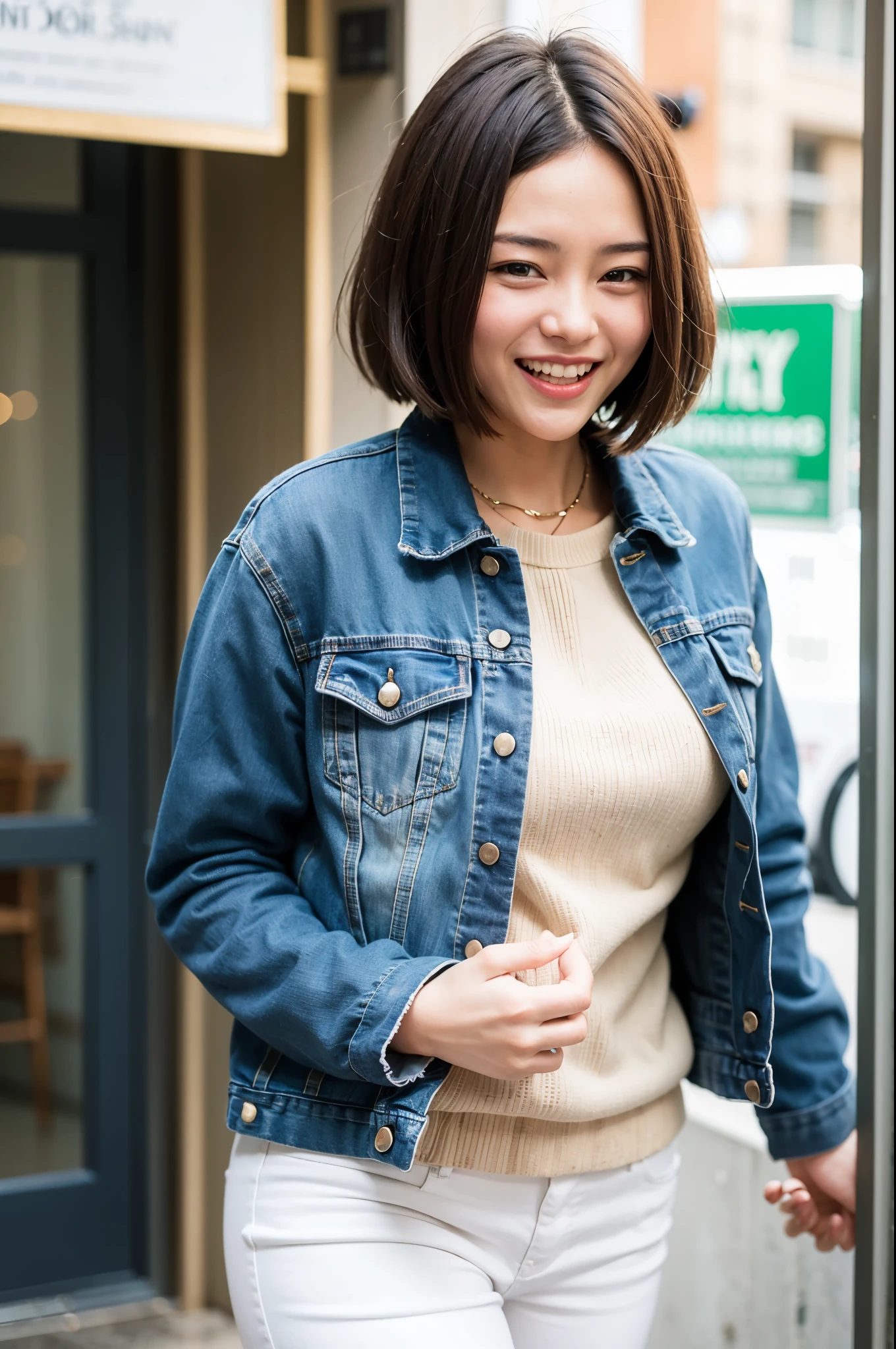 Top quality, 1 beautiful woman, super short hair, blonde hair, Denim Jacket & white pants , Big Laugh, Sunlight
