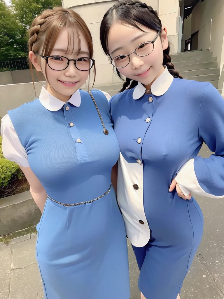 Highest quality、masterpiece、、Very detailed、Realistic、(Two Girls)、(Looking at me with a smile:1.5)、whole body、Small face、Narrow shoulders、Thin and beautiful legs、Tight and slim waist、Glasses、One-piece dress with buttons and collar、Braid、 uniform、Erect nipples