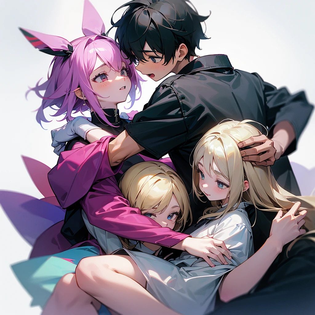 A agers friend group comformed by 2 boy and 2 girls, they are so friendly between them, white background
