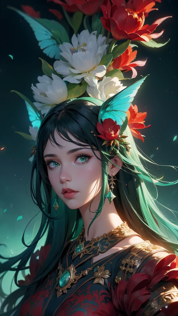 A beautiful woman in the flowers, (vermilion:1.4) , green theme, low warranty color, (huge flowers:1.4), (mujigreen_20240414122817:0.8) , masterpiece, best quality,Epic Fantasy Art Style HD, 4K fantasy art, epic fantasy digital art style, epic fantasy art style, Fantasy Woman, epic fantasy art portrait, Epic fantasy style, hyperrealistic fantasy art, hd fantasy art, Epic fantasy character art, epic fantasy art, in style of dark fantasy art, epic fantasy digital art, (pose vaquero)