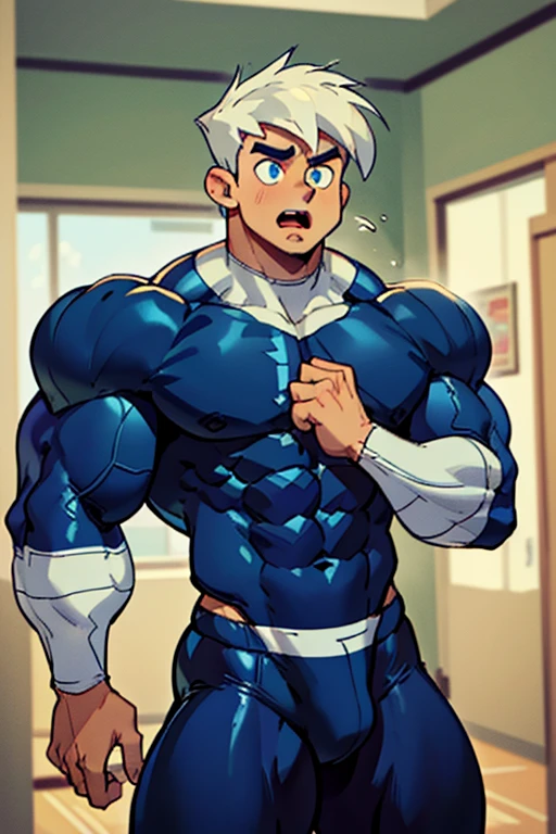 (Masterpiece) (Hyper muscular) (3 boys) Danny Phantom, Dash Baxter, football stadium background, ghost, hypnosis, jock, conversion, locker room hallway, hyper muscles, jockstrap, bro, meathead, hypnotized, brainwashed, brainwashing, big dumb jock, football. Glowing blue eyes. Hyper crotch bulge. Massive bulging crotch. Big balls. Big biceps. Big triceps. Big traps. Broad shoulders. Big meaty pecs. Big thighs. Thick glutes. Hyper muscles. crew cut. Football team assimilation. Well endowed. Clothes turning into Casper High School football uniform. Danny Fenton looks shocked and gradually transitions to a dull vapid expression instead as his eyes glow. Fellow football players lay gloved hands on his shoulder pads. "Gah! What happened to me? I look like a—! Like a ... BIG ... DUMB ... JOCK...." Open mouth. Blank stare. digital painting. Very detailed. Vapid stare. Dumber and dumber. Brain drain. Dash Baxter smirks and says, "That's because that is what you are now, Fenton. You're gonna be just like us. And you're gonna love every minute of it." Danny replies, "Love ... being ... a jock...."