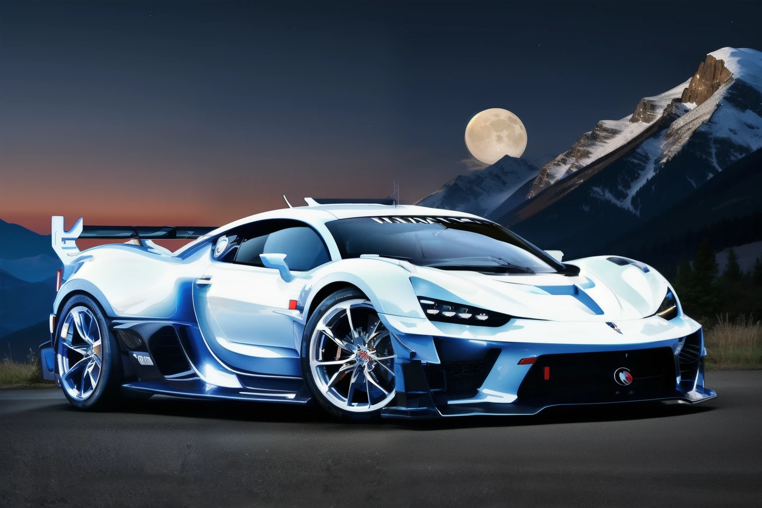 white sport car with ikon from lip bumper on chrome rpf1 wheels, night, on mountaintop, city background, big moon and stars, realistic