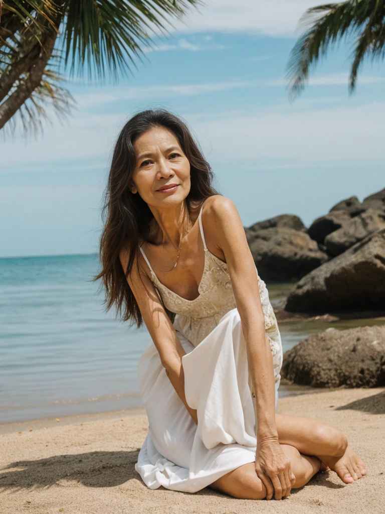 RAW PHOTO, her name is Dolores, high quality, 1 old woman, ((58-year-old slim filipina woman)), (((58 years old))), ((slim body)), ((wrinkled body)), (((old body))), (((long hair))), she is wearing a modest Generation X flowy sundress, POSE: sitting, BREAK, BACKGROUND: outdoor, cafe by the beach, film grain, instagram photo