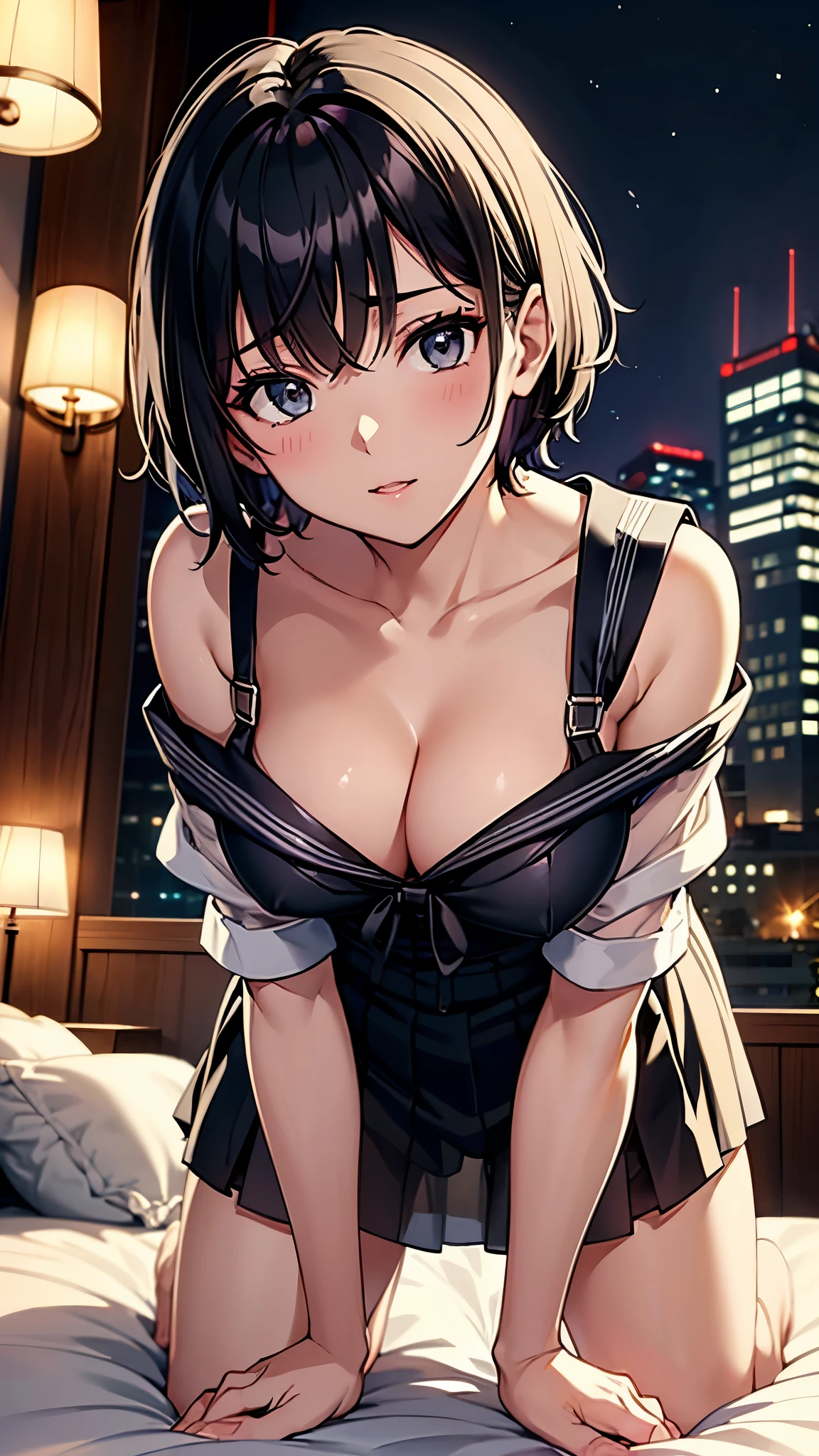 Black Hair,Sailor suit,Short Hair,See-through,,Off the shoulder,Cleavage,From below,On all fours:1.5,,hotel room with bed,Tokyo night view,Open your legs as wide as you can,M-shaped legs,orgasm