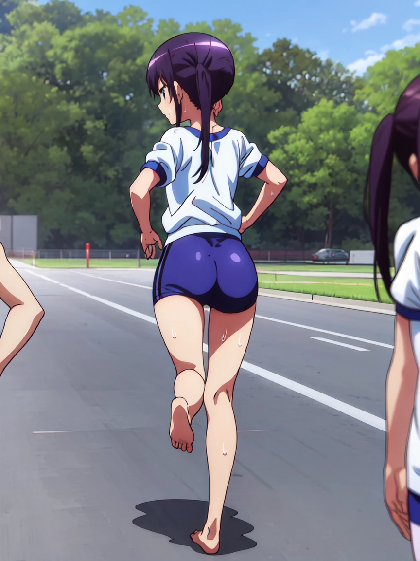 Full body view,back_view,,The characters are、Please leave them alone.,A girl with a tired expression、Let me dash around the schoolyard,A girl running alone,gym shirts,Highest quality,,1990s anime style,White shirt and blue bloomers,Angry expression,barefoot,The girl is sweating、Running with a tired look,