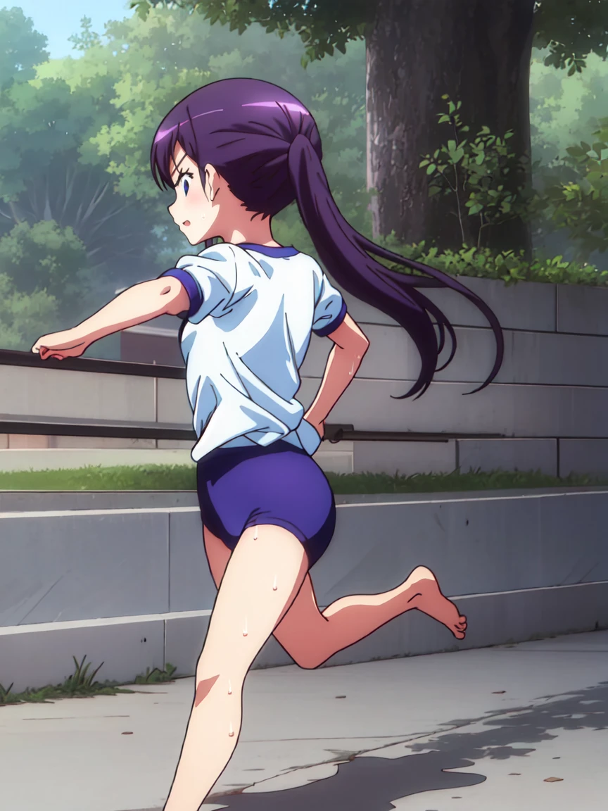 Full body view,back_view,,The characters are、Please leave them alone.,A girl with a tired expression、Let me dash around the schoolyard,A girl running alone,gym shirts,Highest quality,,1990s anime style,White shirt and blue bloomers,Angry expression,barefoot,The girl is sweating、Running with a tired look,