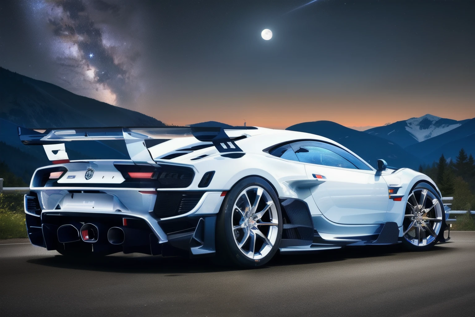 white sport car with ikon from lip bumper on chrome rpf1 wheels, night, on mountaintop, city background, big moon and stars, realistic