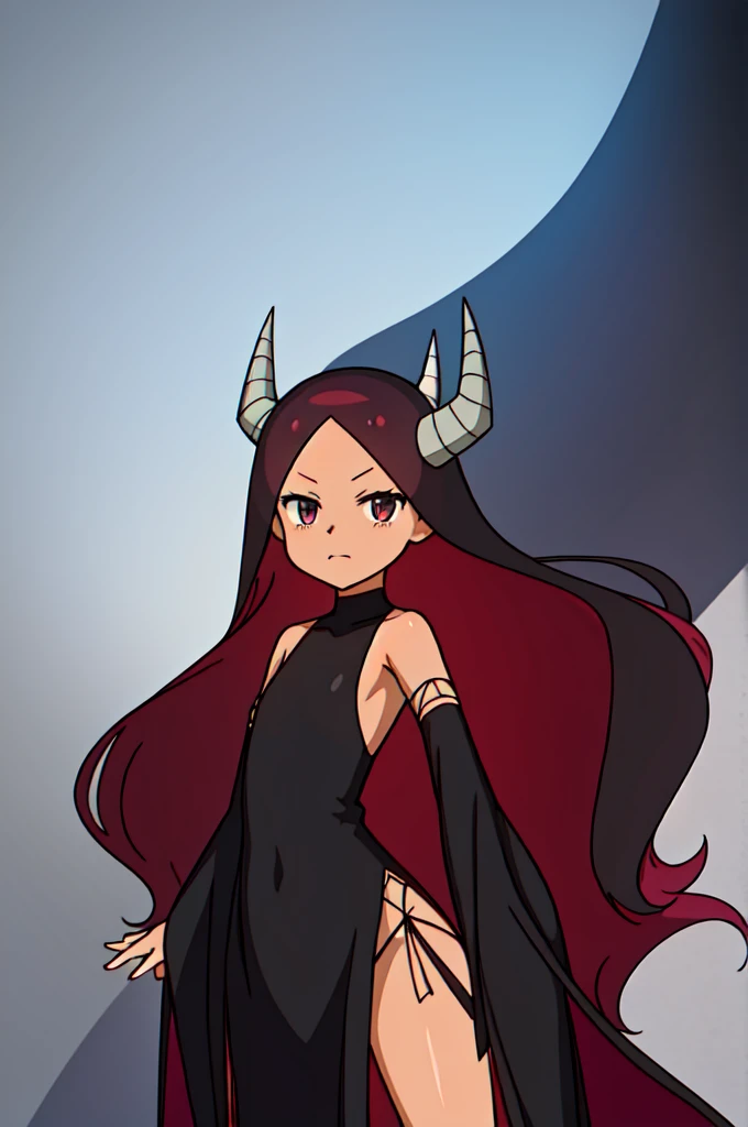 absurdres, highres, ultra detailed, <lora:Jahy_Demon_Lord_V1-000007:0.9>, maou, black dress, side slits, black detached sleeves, captivating pose, simple background
