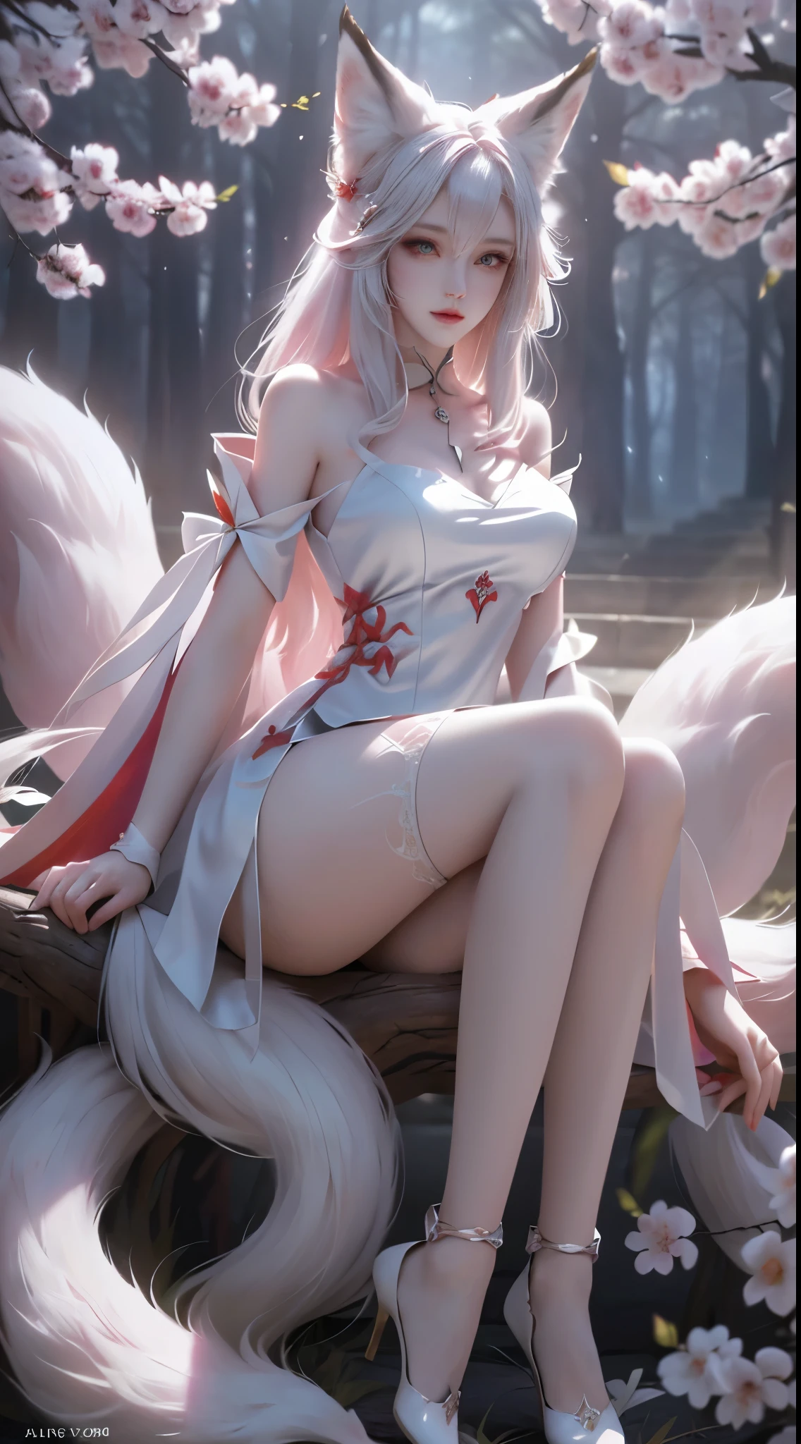 Fox-eared white-haired girl，Full body female love，Drawing of a white fox sitting on a branch，Ethereal Fox，Nine-tailed Fox，fox three-tailed fox，Onmyoji detailed art，Nine Tails，A beautiful artistic illustration，Mythological Creatures，red fox，(Fighting Stance)，Beautiful digital artwork，Beautiful digital illustrations izutsune , Inspired by the mythical creature Wildnet，Digital Art on pixiv，glare，High contrast，horror theme，Dark atmosphere