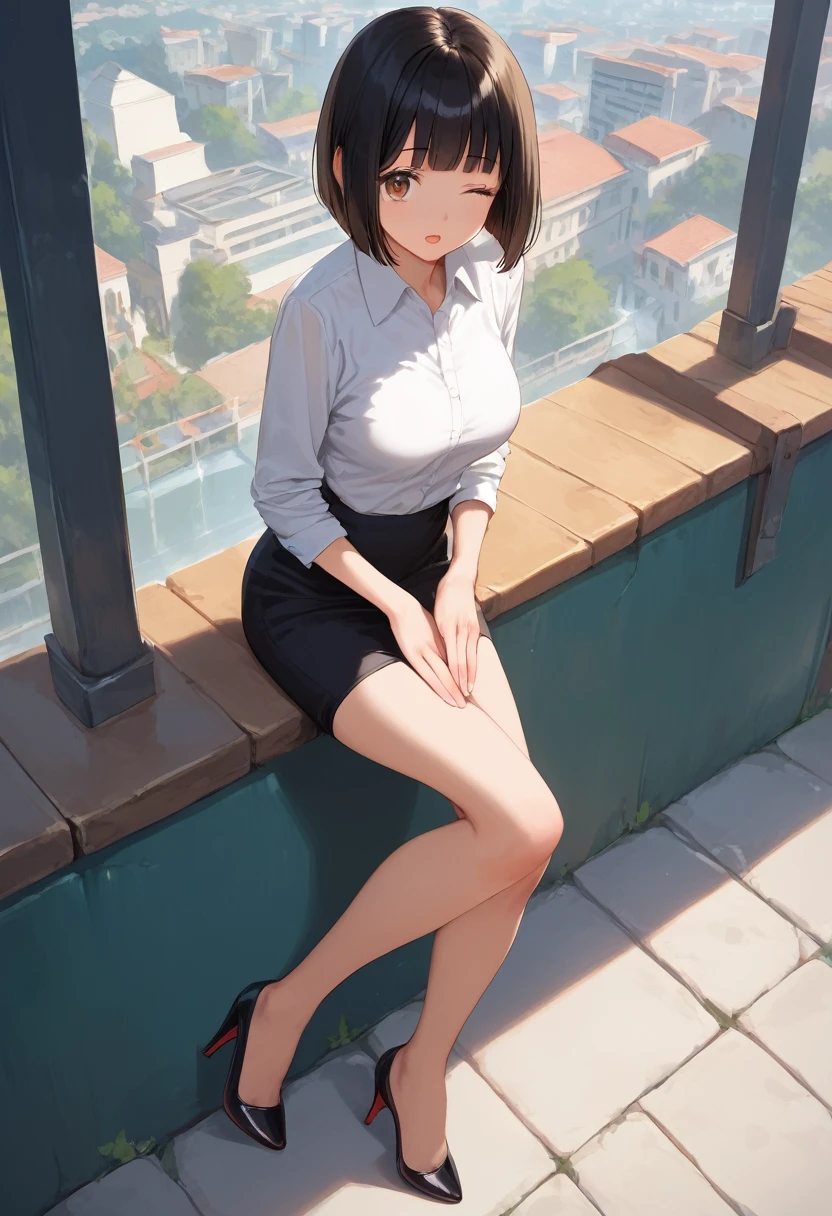 score_9,score_8_up,score_7_up,masterpiece,best quality, source anime, realistic, super detailed, extreme detailed, rating_safe,
1girl, sitting, yokozuwari, hand to forehead, full body, from above,
BREAK girl, 22yo, short hair, bob cut, (blunt bangs), black hair, (tareme, detailed cute brown eyes), curled eyelashes, (large breasts:0.9),
shiny hair, beautiful detailed eyes, beautiful face,
slender, small ass, slim legs,
white collared shirt, black tight mini skirt, (High heels with broken heels),
(one eye closed), painful, open mouth,
outdoors, city, street,