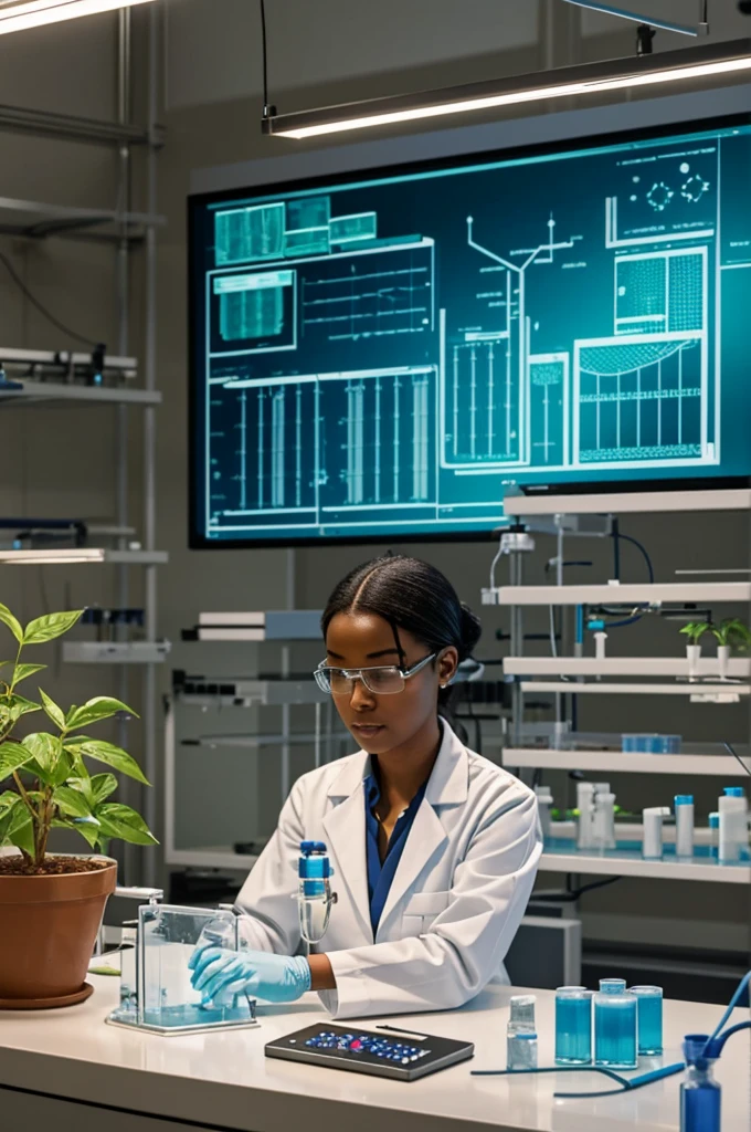Lira in her Laboratory:
Description: Lira, the young scientist, working in his biotechnology laboratory.
details: Lira with her laboratory equipment, experimental plants that are designed to grow in the desert, and holographic screens showing data