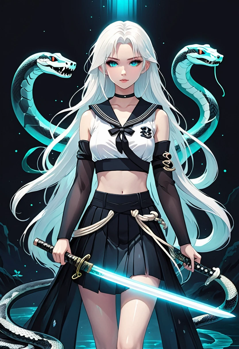 (Japanese anime style),1 Girl,Unique,Long white hair,Black Sailor Suit Pleated Skirt Set,Holding a Japanese sword,(((A transparent bioluminescent bone snake wrapped around the body)))