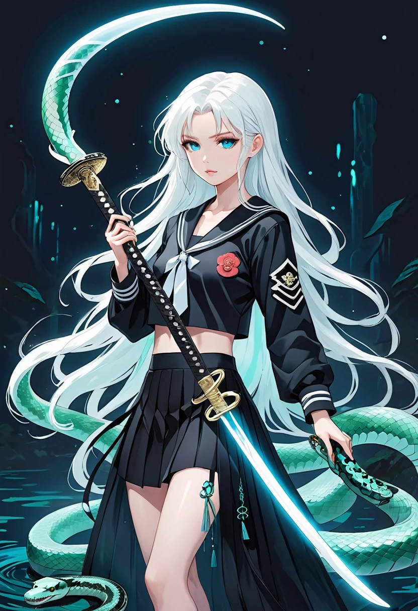 (Japanese anime style),1 Girl,Unique,Long white hair,Black Sailor Suit Pleated Skirt Set,Holding a Japanese sword,(((A transparent bioluminescent bone snake wrapped around the body)))