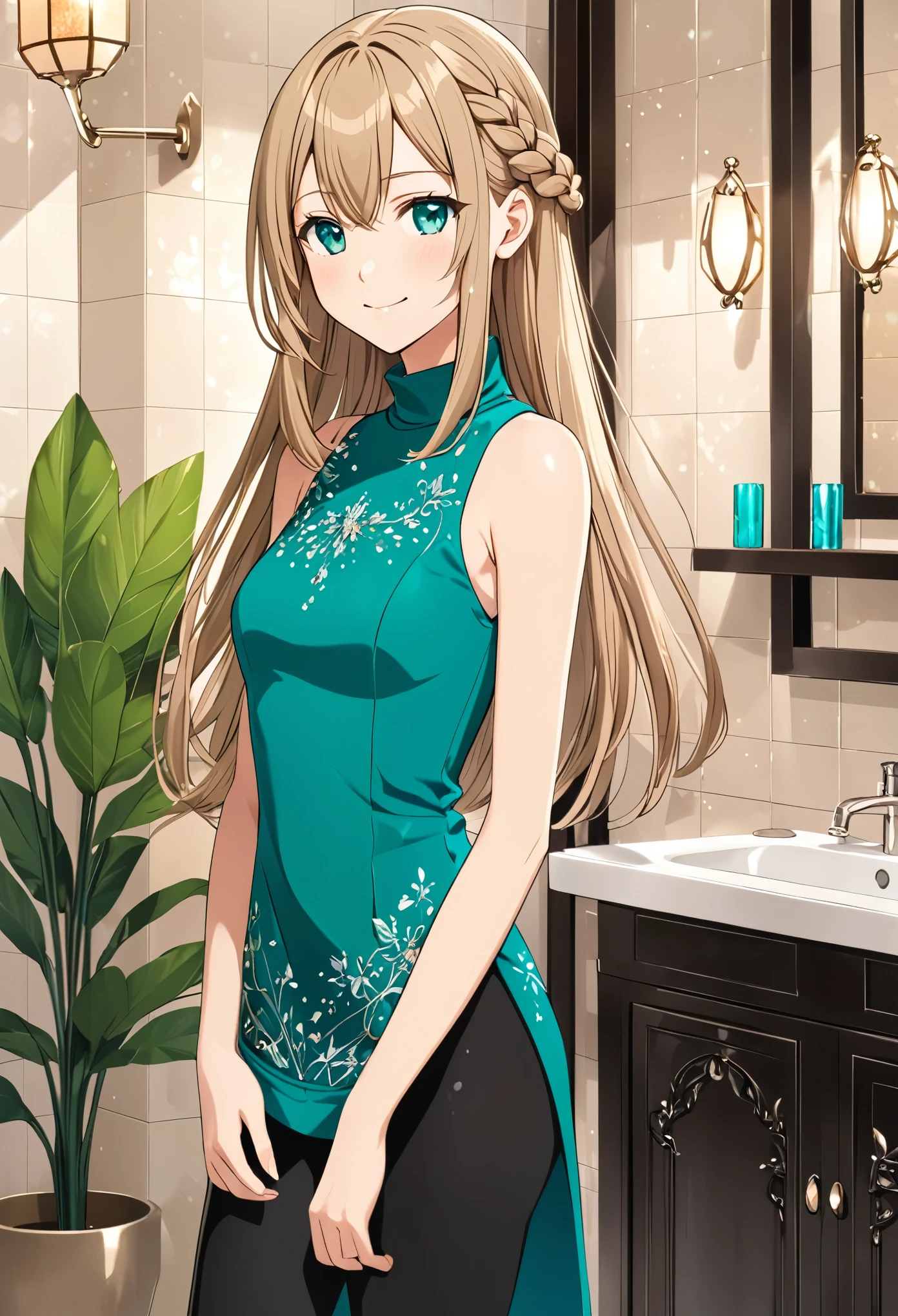 solo, 1, tall, old figure, (straight hair with braid end (dark blonde)), beautiful face, (close mouth:1.2), smiling softly, small breast flat, teal colored crystal themed sleeveless mock-neck dress, black leggings pants and skirts overlay, bathromm, anime style