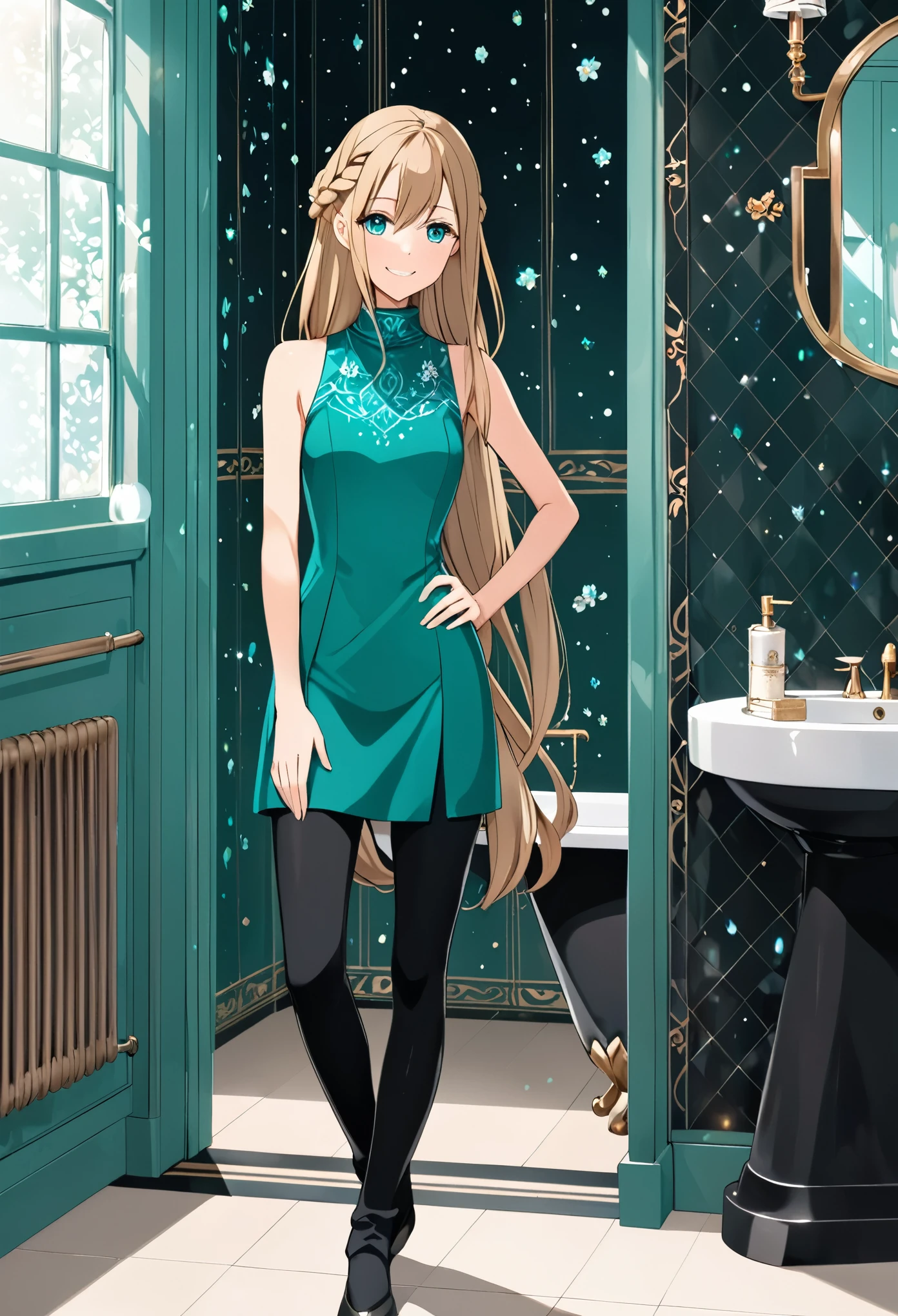 solo, 1, tall, old figure, (straight hair with braid end (dark blonde)), beautiful face, (close mouth:1.2), smiling softly, small breast flat, teal colored crystal themed sleeveless mock-neck dress, black leggings pants and skirts overlay, bathromm, anime style
