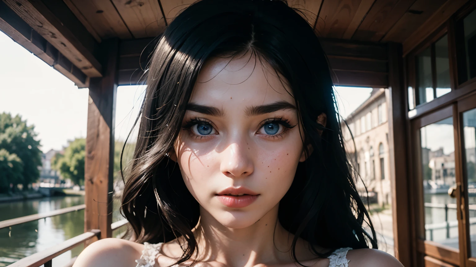 35mm film, solo, makeup, ((blue eyes)), (wedding dress),, lines, canals, bridges, looking at viewer, upper body, epiCPhoto, focus on face, close to viewer, intricate lines, wooden living room, sharp magnificent details, delicate features, elaborate details, beautiful girl, black hair, (((long hair))) 1girl, ((upper body)) (Acne), ((natural lighting))