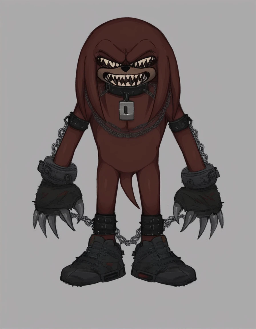 knuckles_alt, solo, open mouth, simple background, 1boy, tail, full body, male focus, teeth, grey background, collar, no humans, chain, sharp teeth, claws, spikes, removed jaw, teeth for eyes, lock on chest, knuckles_alt