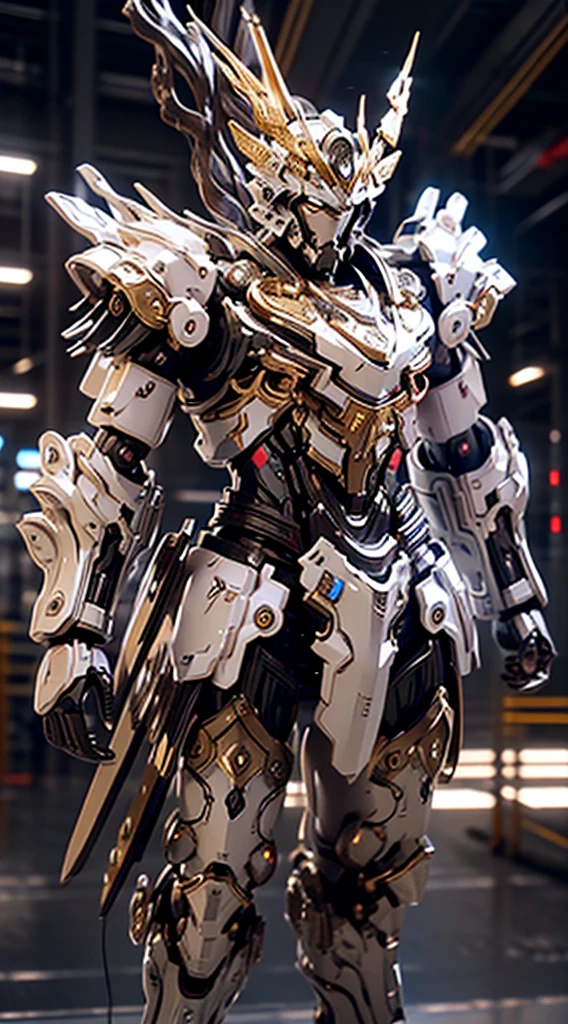Generate a commanding full-body shot of a Warrior King mech, a regal and formidable force in the futuristic realm. The armor should be adorned with intricate royal designs, featuring symbols of power and strength. Incorporate noble metallic tones, such as gold and silver, to convey a sense of royal majesty. Equip the mech with a grand sword or a weapon befitting a warrior king, showcasing both elegance and might. The helm should have a crown-like structure, and the eyes should emit a determined and authoritative light. Proportions should convey both the grandeur of a king and the strength of a seasoned warrior, showcasing the mech's imposing presence. The pose should exude authority and readiness for battle, as if the Warrior King mech is prepared to lead with valor on the futuristic battlefield. The background, if any, should complement the royal theme, perhaps with banners or a futuristic castle. This Warrior King mech is a symbol of leadership and martial prowess, a ruling force on the futuristic battlefield