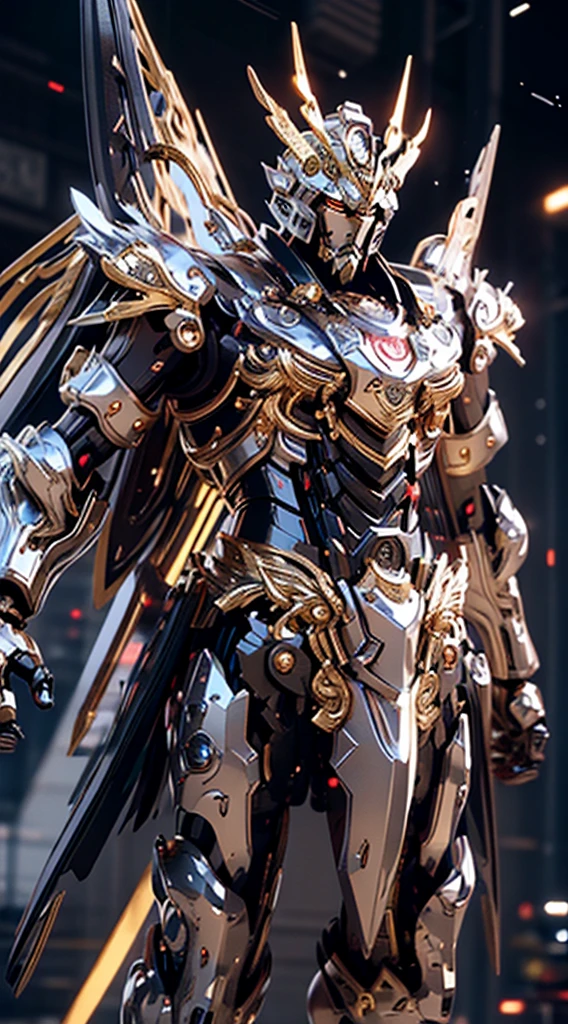 Generate a commanding full-body shot of a Warrior King mech, a regal and formidable force in the futuristic realm. The armor should be adorned with intricate royal designs, featuring symbols of power and strength. Incorporate noble metallic tones, such as gold and silver, to convey a sense of royal majesty. Equip the mech with a grand sword or a weapon befitting a warrior king, showcasing both elegance and might. The helm should have a crown-like structure, and the eyes should emit a determined and authoritative light. Proportions should convey both the grandeur of a king and the strength of a seasoned warrior, showcasing the mech's imposing presence. The pose should exude authority and readiness for battle, as if the Warrior King mech is prepared to lead with valor on the futuristic battlefield. The background, if any, should complement the royal theme, perhaps with banners or a futuristic castle. This Warrior King mech is a symbol of leadership and martial prowess, a ruling force on the futuristic battlefield