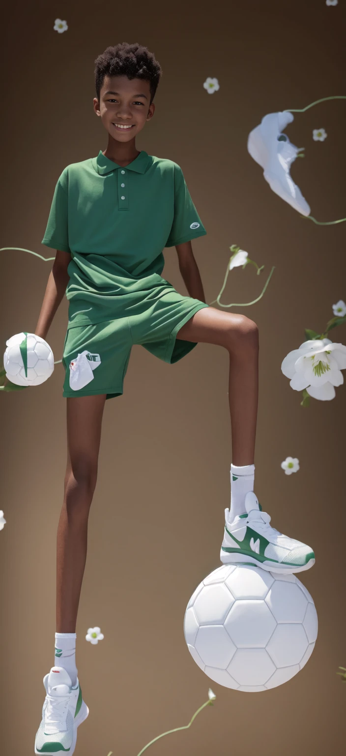 boy,(Wearing white tennis clothes,Wearing green socks),Dark skin,Big round eyes,Very short hair,Tall and skinny,Toothy Smile,Sharpen details,Knee muscle lines,Blue Background,Hold a bouquet of flowers in your hand