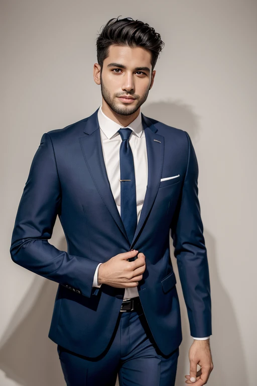 31-year-old Brazilian man in navy blue slim suit