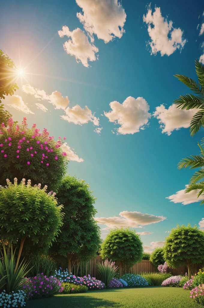 Create a beautiful 3D sky with the background overshadowed by some beautiful plants 