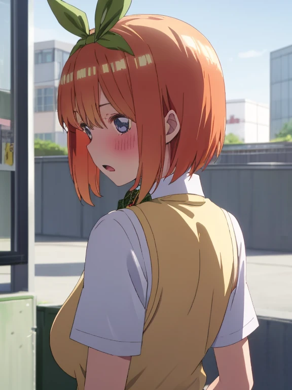 best quality, insanely detailed,yotsuba nakano, breasts, blush, back style, look into the distance, school background, sweater vest, white shirt, bowtie, short sleeves