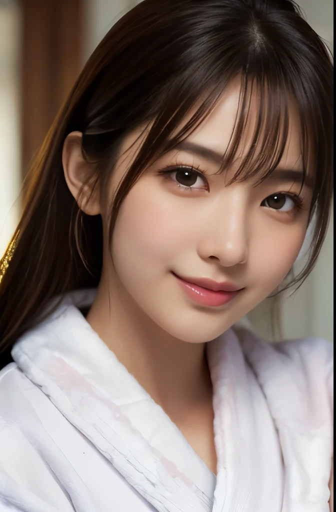 (Realistic: 1.4), (Highest quality: 1.4), Ultra-high resolution, (fine grain),((Gravure pose)),One Young Woman,((Wearing a bathrobe)),smile,Sunburn mark,Big eyes,Blushed,Highly detailed face and skin texture, Healthy Skin,(bedroom),8K resolution