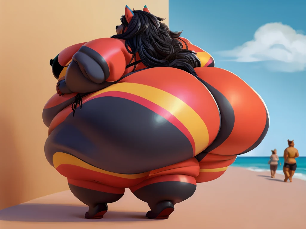 Wolf, female, long hair, huge breasts, huge hips, huge thighs, plump, voluptuous,, gorgeous, beautiful, eyelashes,huge ass,fat arms, fat legs, hands on ass,messy hair, colourful fur, walking,back view, obese, walking, wobbling ass, black nipples ,claws, partially clothed,bikini,direct back view, simple background ,colorful body, walking , colorful body, colorful body