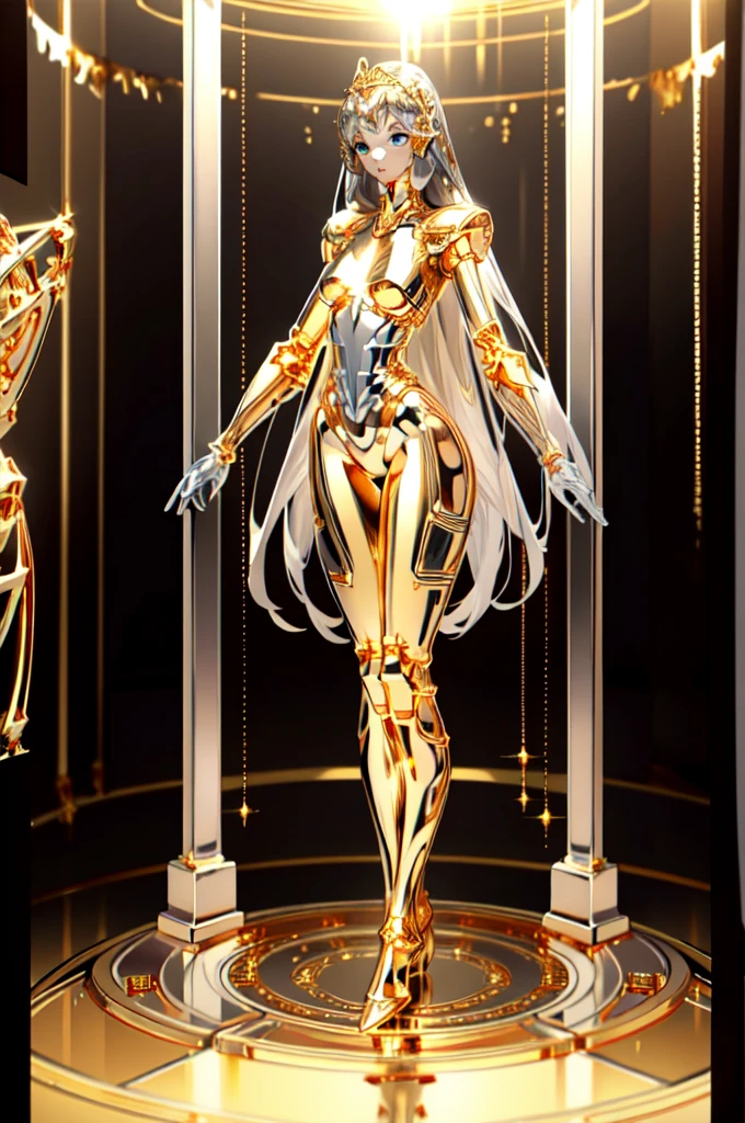 highest quality, masterpiece, High resolution, (Exquisite body: 1.5), Gorgeous face, (metal skin: 1.3), Intricate details, High resolution, wallpaper, whole body, 
whole bodyショット, 1 Girl, Transparent robot body, Naked skeleton, tied to a transparent tube, (((((Gold and silver body parts)))), Big eyes, Silver floating hair, Natural pose, 
16k, High resolution, High Resolution, Depth Field, (Film Grain: 1.1), Book, Golden Hour, (Lens flare), Vignette, rainbow, (Color Grading: 1.5)