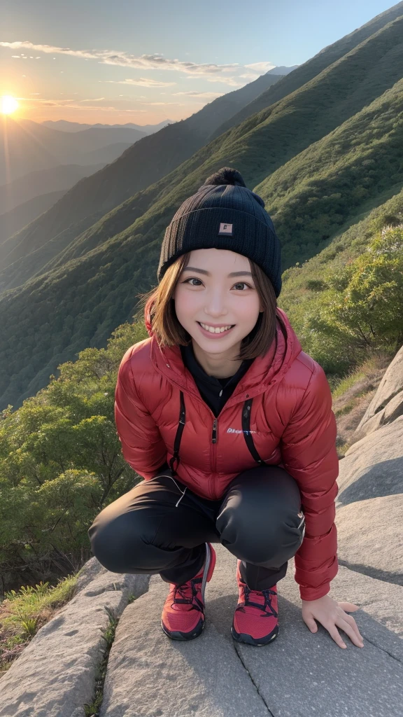 Full body photo , Best image quality (8K, High resolution, masterpiece: 1.2), Very detailed,  215 Short Hair, 26-year-old woman, 

situation: Greeting the sunrise at the summit、Scenes enjoying the spectacular view。
clothing: Hiking Wear（Fleece jacket、Trekking pants、Trekking shoes）、Beanies and Caps。
angle: Panoramic view from the summit、広いangleで日の出を待つ姿を撮影。Close-up of the moment the sun rises、Capture faces and expressions of joy as you watch the sunrise from the mountaintop。Emphasizing the grandeur of nature and the sense of accomplishment of mountain climbing。。

Face close-up 

, Random cute poses ,Big eyes ,Puffy eyes ,  , Big shy smile ,



