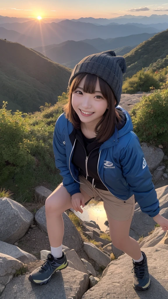 Full body photo , Best image quality (8K, High resolution, masterpiece: 1.2), Very detailed, 215 Short Hair, 26-year-old woman,
situation: Greeting the sunrise at the summit、Scenes enjoying the spectacular view。
clothing: Hiking Wear(Fleece jacket、Trekking pants、Trekking shoes)、Beanies and Caps。
angle: Panoramic view from the summit、広いangleで日の出を待つ姿を撮影。Close-up of the moment the sun rises、Capture faces and expressions of joy as you watch the sunrise from the mountaintop。Emphasizing the grandeur of nature and the sense of accomplishment of mountain climbing。。
Face close-up
, Random cute poses ,Big eyes ,Puffy eyes , , Big shy smile ,