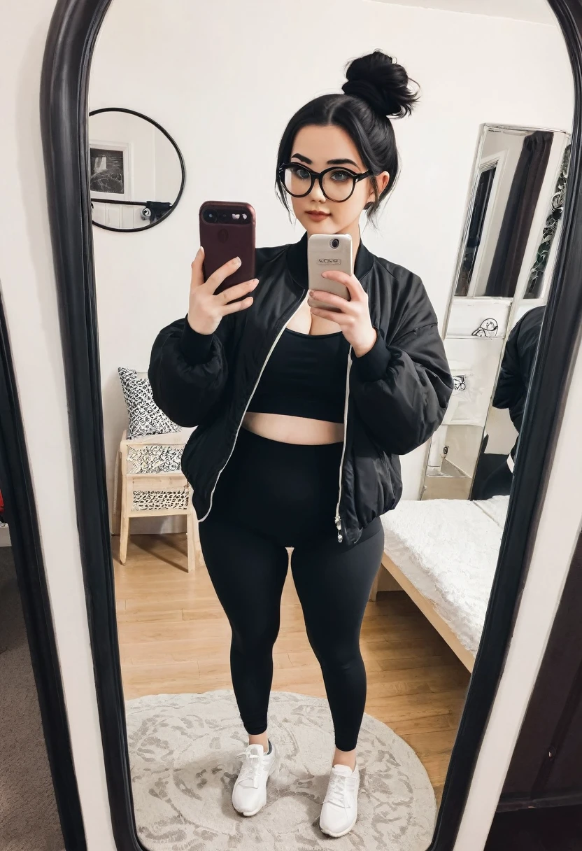 white girl, a little chubby, culona, wide legs, waist a little big, with leggings, a black and white jacket, short black hair with bun and oval glasses, taking a selfie of their entire body in the mirror, small stature