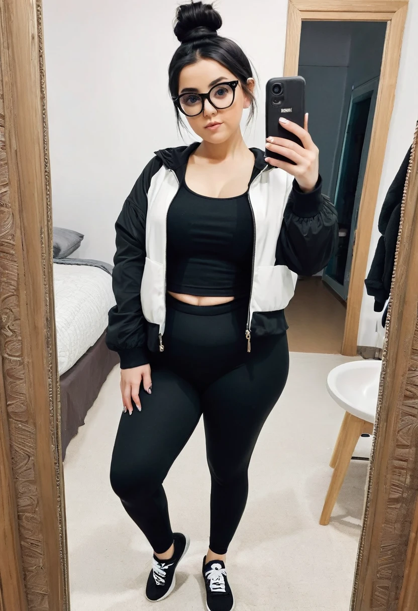white girl, a little chubby, culona, wide legs, waist a little big, with leggings, a black and white jacket, short black hair with bun and oval glasses, taking a selfie of their entire body in the mirror, small stature