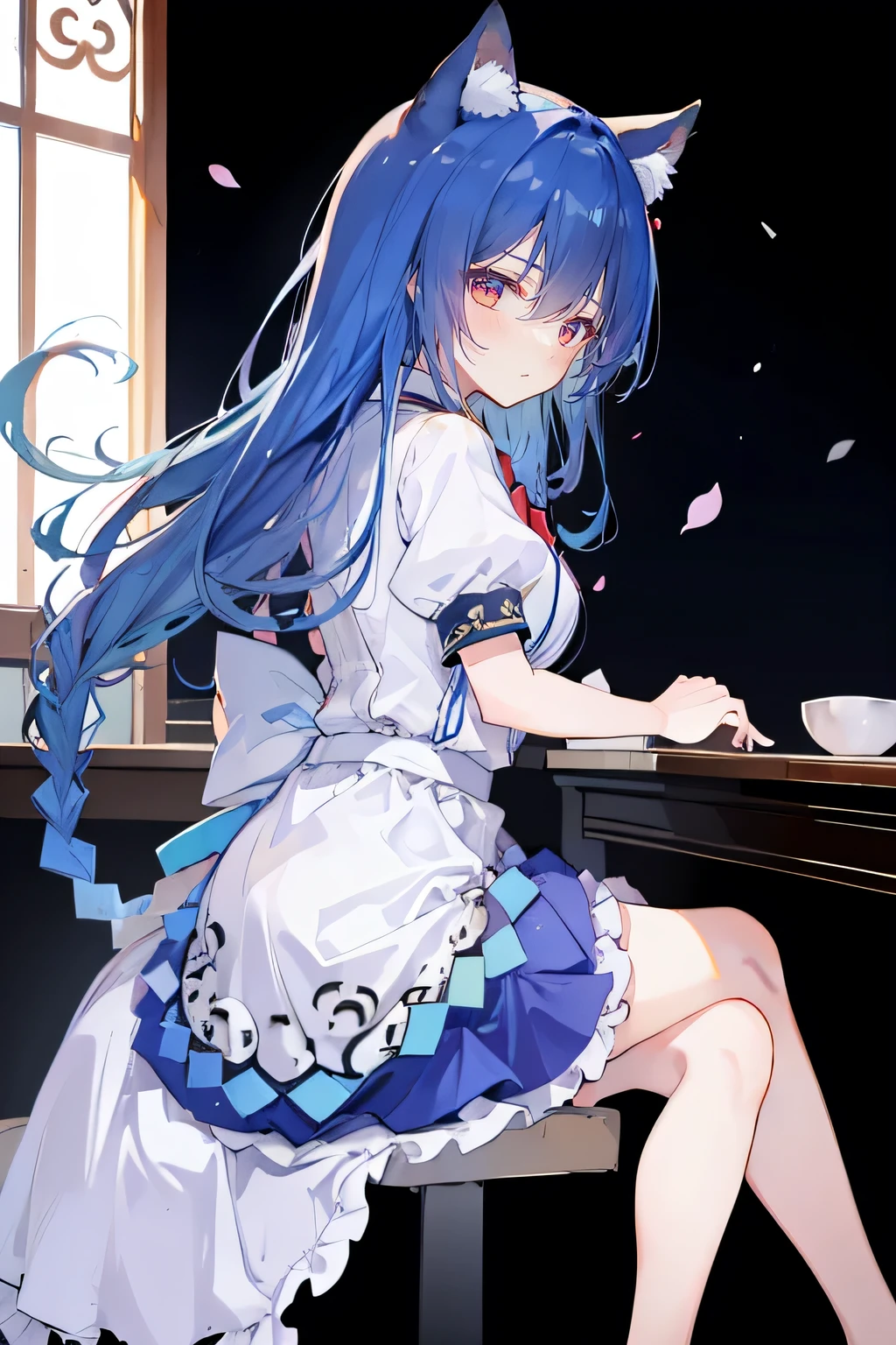 （masterpiece：1.2），Super detailed，lifelike，Expressive eyes，fair skin，perfect face shape，1 girl，
Japanese comics,Gorgeous blue hair,flowing blue hair,flowing clothes,Cat ears,Petals fall,beautiful lola,Baby Angel,
，Cross your legs，Gentle and peaceful background，The pavilion is cool and comfortable,smile, maid outfit, maid，cafes，back views,snowing。 