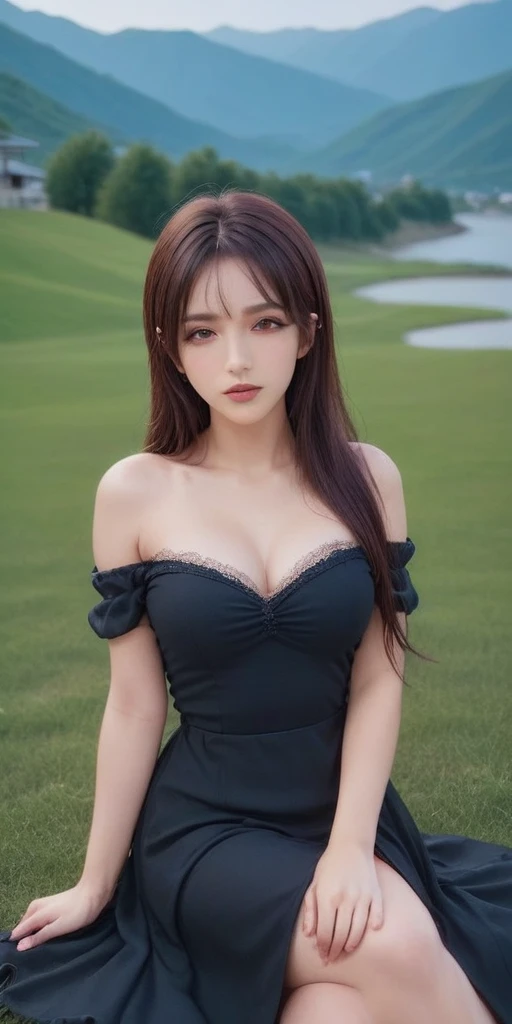 score_9, score_8_up, score_7_up, score_6_up, uncensored, quinella, absurdly long hair, purple eyes, long hair, parted bangs, purple hair, very long hair, hair ornament, horny face, blush face, lips, naughty face, sweating, steaming body, curvy, voluptuous, 1girl, grass, solo, barefoot, sitting, breasts, mountain, sunset, dress, bare_shoulders, outdoors, looking_at_viewer, off_shoulder, field, sky, lake, collarbone, mountainous_horizon, indian_style, twilight, tree, black_dress, large_breasts, scenery, medium_breasts, feet, off-shoulder_dress, rock, hollow eyes, red eyes, looking at viewer. heavy breathing, embarrassed, blush face, steaming face, glowing eyes,