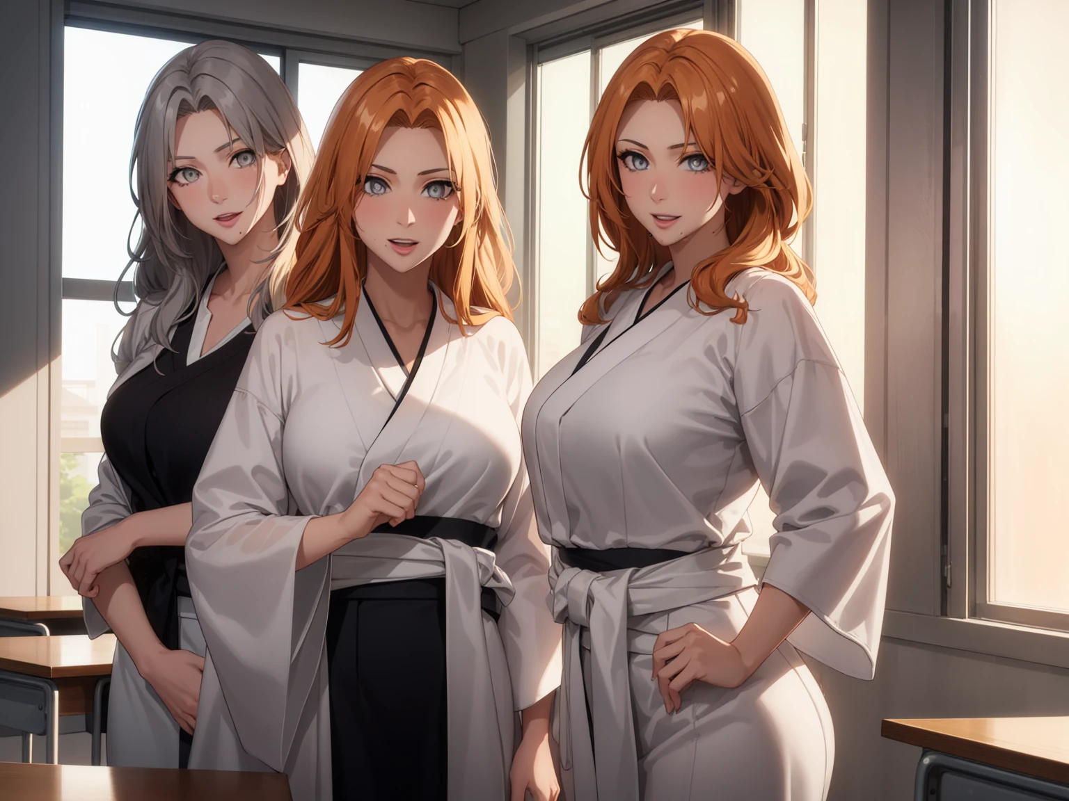 ((4women:1.5)),milf, rangikumatsumoto, rangiku matsumoto, long hair, (grey eyes:1.5), orange hair, mole, mole under mouth, parted bangs, open mouth, smile,
BREAK wearing White_kimono,
BREAK indoors, classroom,
BREAK looking at viewer, (cowboy shot:1.5),standing,pose, hand on hip,
BREAK (masterpiece:1.2), best quality, high resolution, unity 8k wallpaper,NSFW ,(illustration:0.8), (beautiful detailed eyes:1.6), extremely detailed face, perfect lighting, extremely detailed CG, (perfect hands, perfect anatomy),