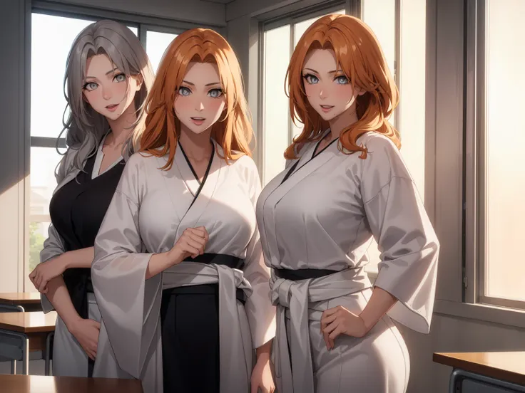 ((4women:1.5)),milf, rangikumatsumoto, rangiku matsumoto, long hair, (grey eyes:1.5), orange hair, mole, mole under mouth, parte...