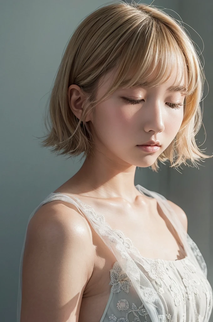 A beautiful Japanese girl is depicted in a vertical, ultra-realistic illustration. She has short, light-colored hair that frames her delicate face, with her eyes closed in a serene expression. She wears a thin, translucent dress with a subtle floral pattern, the fabric gently clinging to her form. The soft lighting highlights her smooth skin and the delicate textures of the dress, creating a dreamy, ethereal atmosphere.
The background is minimalistic and light, emphasizing the girl's calm and peaceful demeanor. The artist employs digital painting techniques to achieve high detail and realism, particularly in the rendering of her hair, skin, and the semi-transparent fabric of the dress. The use of soft gradients and subtle shadows enhances the sense of depth and realism, making the image both captivating and serene.