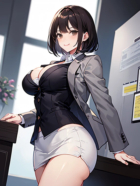 (Highest quality, 8K, 32k, masterpiece, Ultra-high resolution: 1.2), 1 Girl, Beautiful Japanese Woman, thinウエスト, (Gray suit), Open jacket, 魅力的なoffice Lady, suit, (Gray Tight Skirt), office, office, machine, Beautiful Face, Brown Hair, Bob Hair, Saggy eyes, Slender figure,Cleavage, thin, whole body, Detailed expression down to the fingertips,Sexy thighs, One Woman, alone, A charming smile,White panties,Peeking inside the skirt from below,Angle from below,Low - Angle