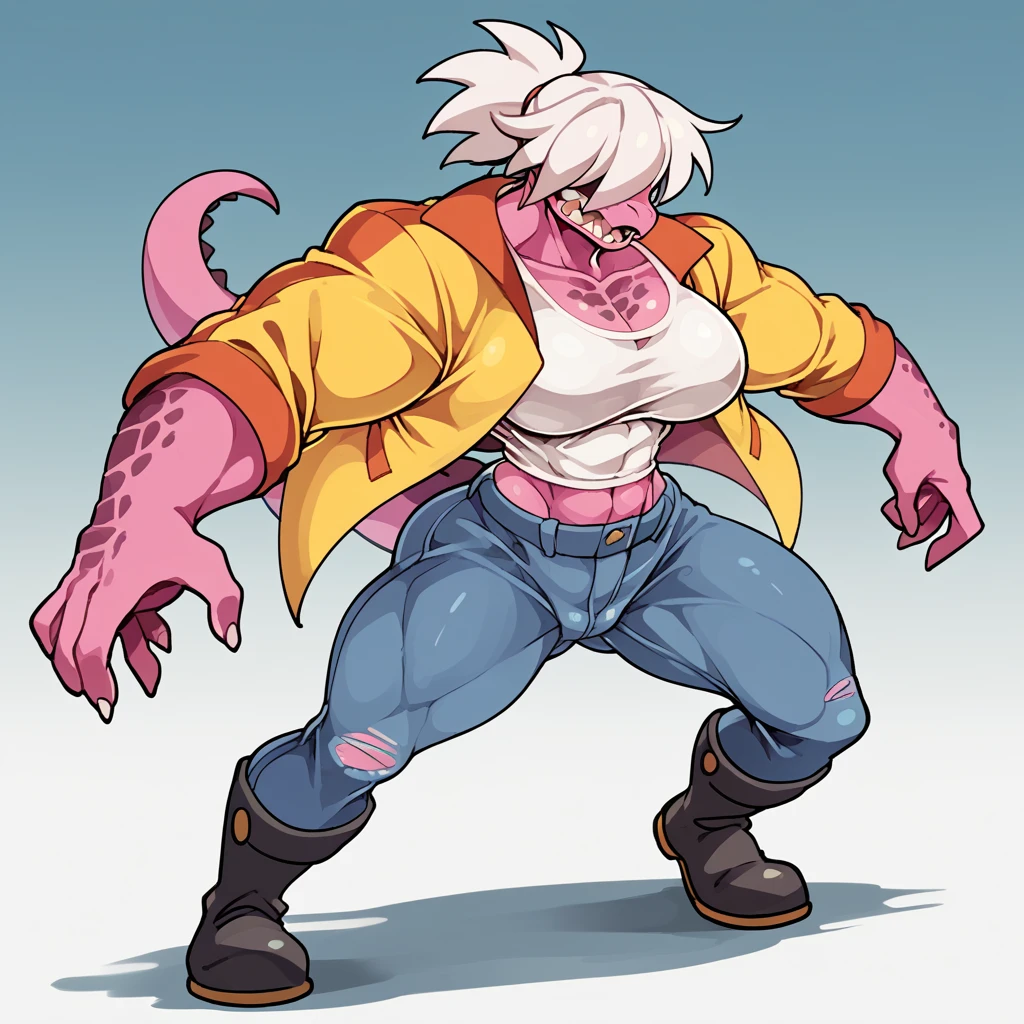 Uma imagau desenha com traços fortes e suaves, common.au.cartoon and cartoon, uma figura fauinina, cabelo ponytail, white hair covering both eyes, lizard snout, lizard snout, white pink skin, big fit ass, musclegirl, White tank top, colorful long sleeve jacket, jeans, Black boots, gigante breasts, peitos big fit asss, Waist slender, pose simples, straight pose, expression would be. Big , gigante , big boot Big  