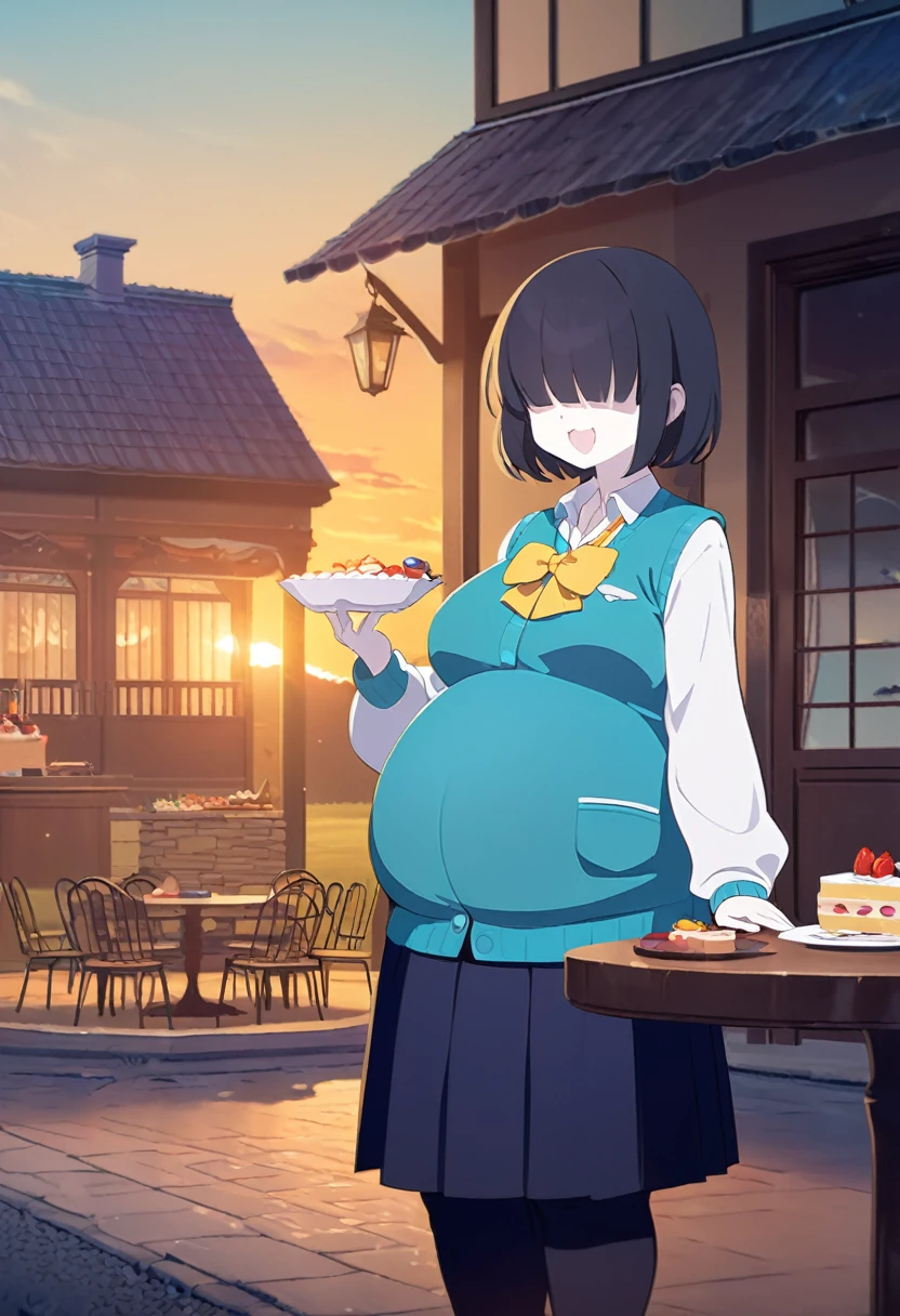 1girl, , turquoise vest, collared shirt, yellow bowtie, open jacket, blue skirt, black-framed eyewear, pleated skirt, black hair, turquoise bangs, very short hair, hair over eyes, pale skin, medium breasts, turquoise eye, smile, country house, big belly, overweight, dusk, eating feast, fruits, cake, fish food abundance, table, (masterpiece), best quality, anime style, full body