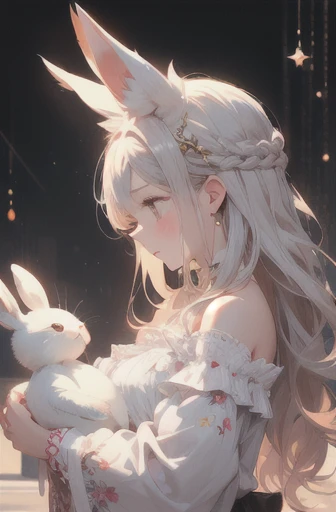 On a bright red campus"YES"Character、beautiful illustration, best quality, cute girl, bedroom, pastel color, fluffy bunny ears, , silver long hair, rabbit stuffed toy, bright lighting, light pink eyes、alone, One girl, profile,Black Bob,　profile,  The background color is solid yellow,An illustration