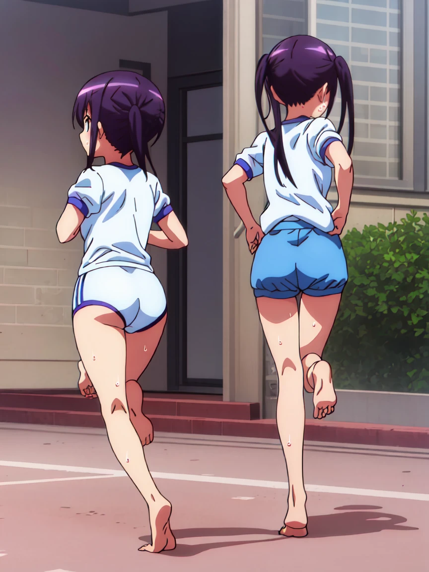 Full body view,back_view,A girl with a tired expression、Let me dash around the schoolyard,A girl running alone,gym shirts,Highest quality,back view,1990s anime style,White shirt and blue bloomers,Angry expression,barefoot,Sweating、Running with a tired look,