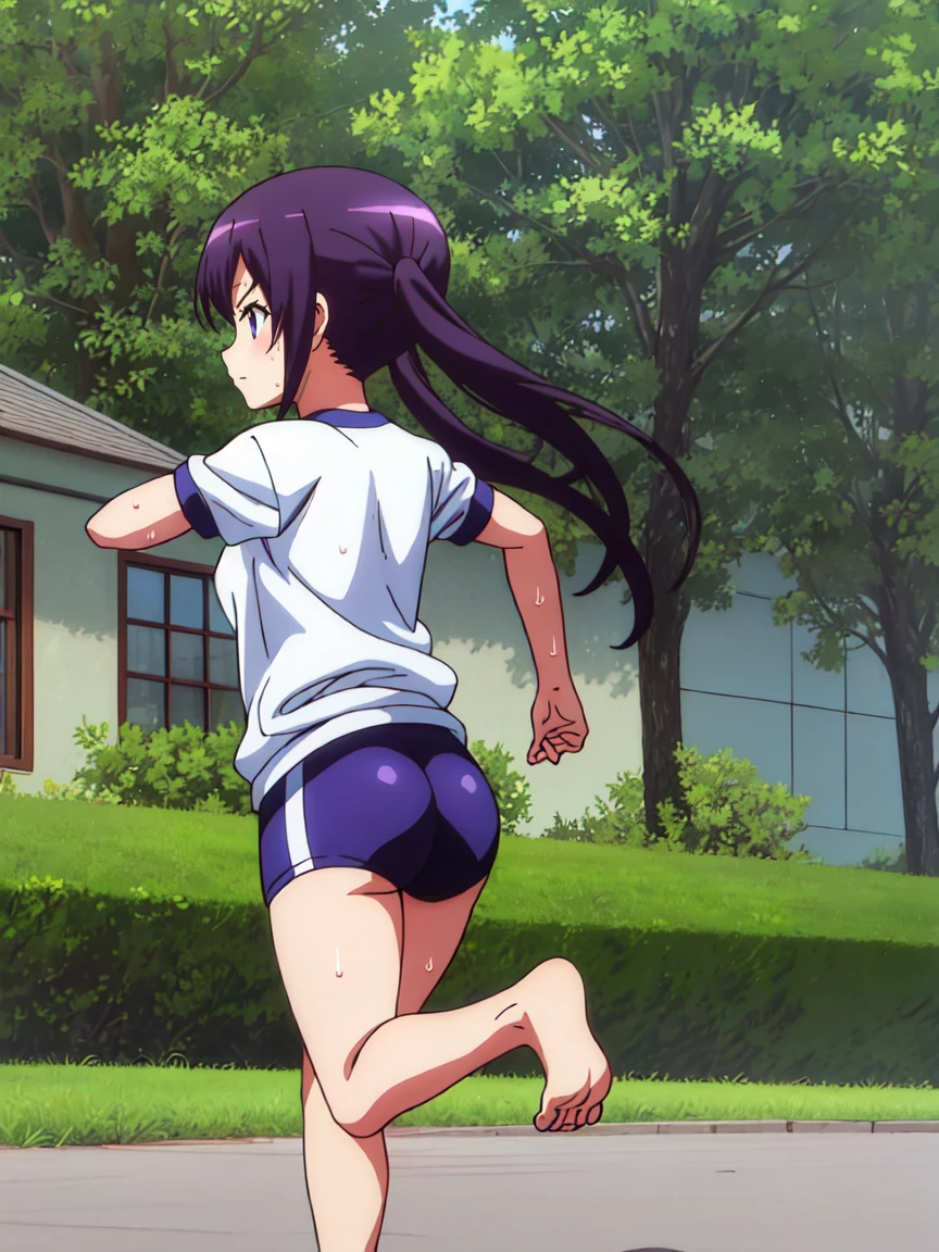 Full body view,back_view,A girl with a tired expression、Let me dash around the schoolyard,A girl running alone,gym shirts,Highest quality,back view,1990s anime style,White shirt and blue bloomers,Angry expression,barefoot,Sweating、Running with a tired look,