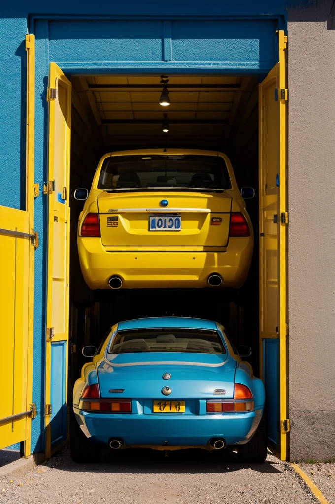 Yellow car passing through a blue portal (looking ahead)