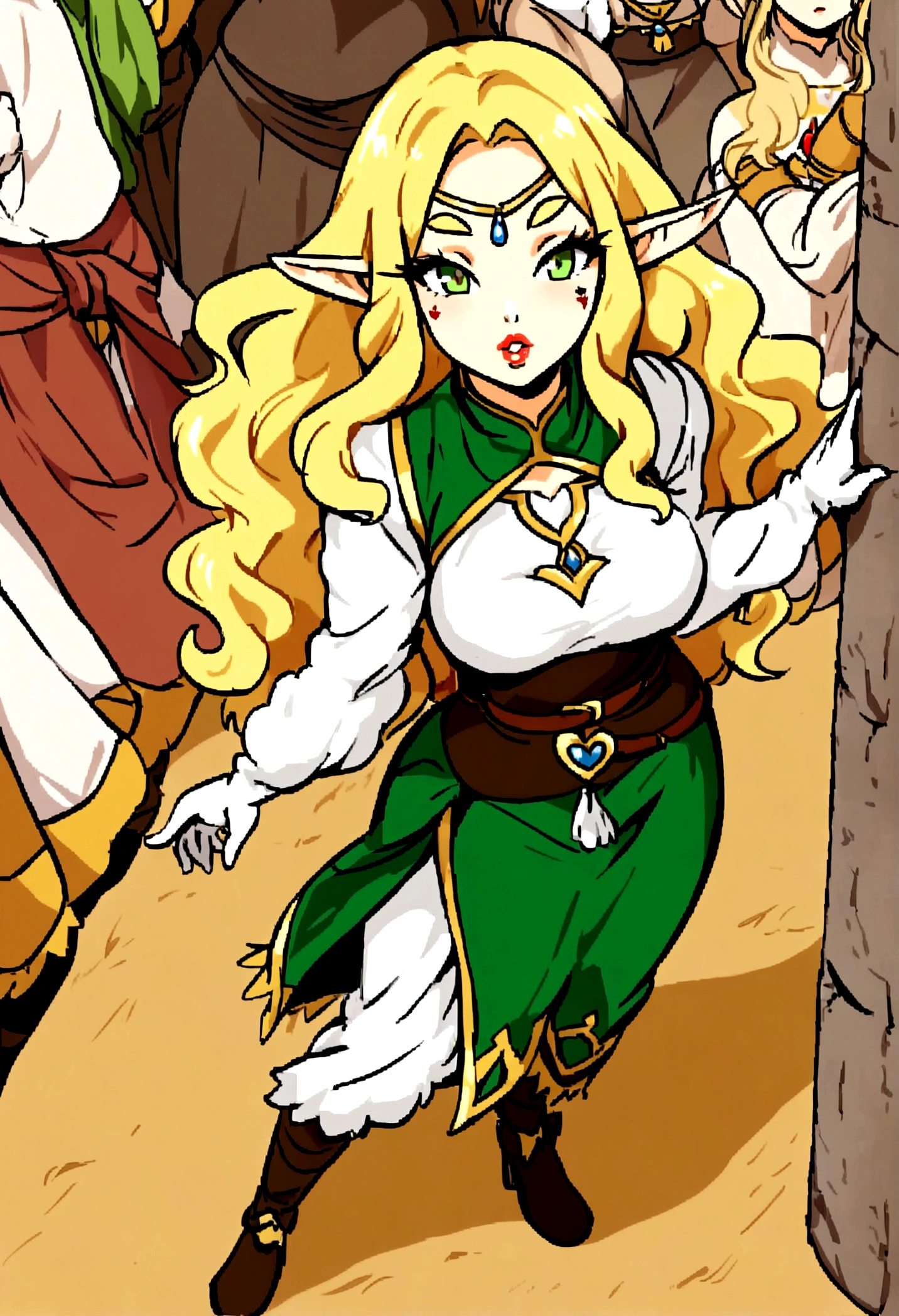 short art style:0.7), punctuation_9, punctuation_8_High above, punctuation_7_High above, punctuation. Girl with long wavy hair, they are brilliant, and blonde. round green eyes, heart-shaped lips, thin eyebrows, medieval elf clothing, elf ears, skin fair, broadshouldered, medium height, fluffy and soft skin, light red lips, wavy fringe, bow with arrows in the back, gloves that show fingers, ankle boots, and eye mark popularly known as Hand of Fátima, Hamsa or Hamsa, This symbol of Islamic origin has crossed different religions and cultures. (Detailed fighting pose with bow