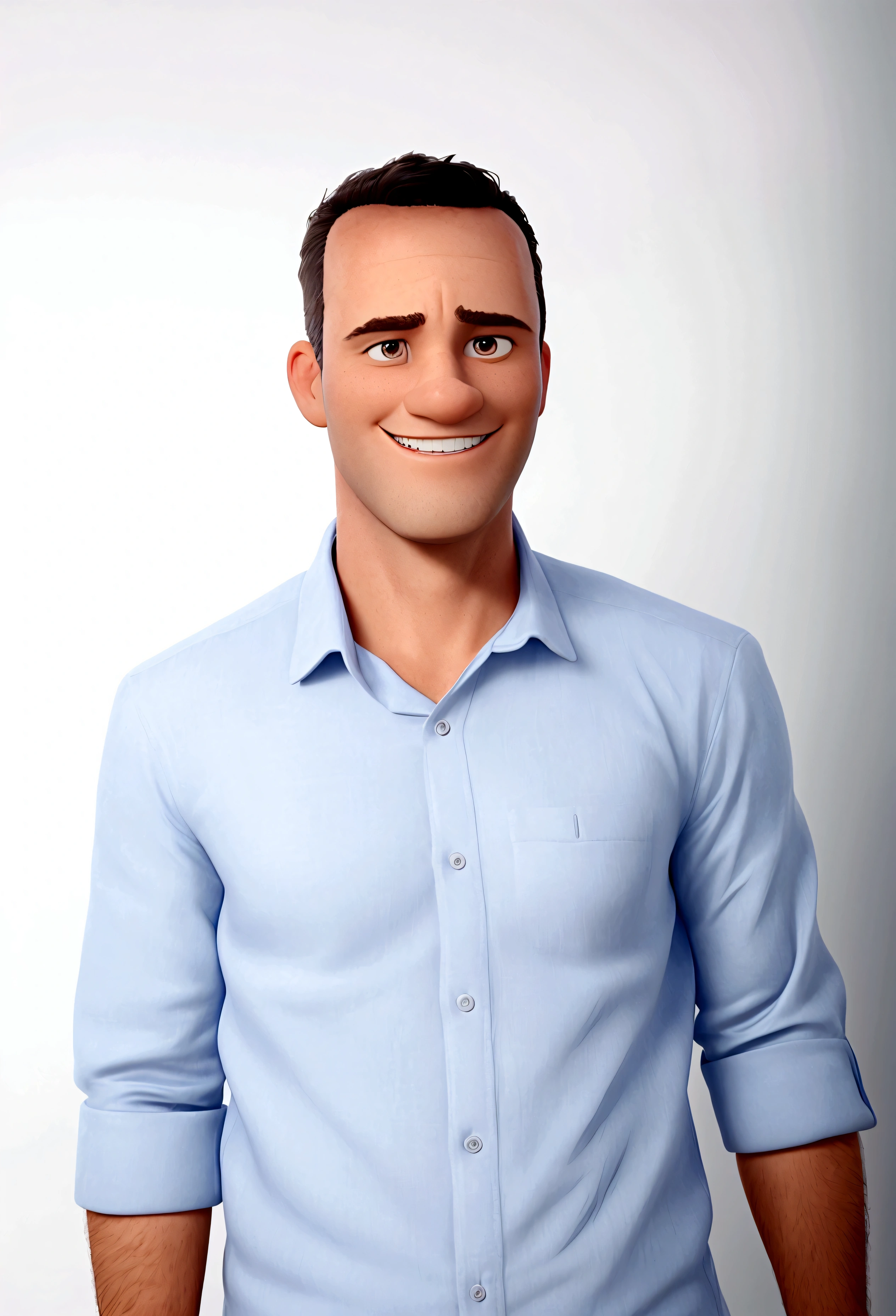 \best quality Disney cartoon man, 
42-year-old man, slim, youthful appearance, no beard, black hair with gray strands, large receding lines on the forehead, shaved hair, combed forward, square face, smiling, photo with white background.