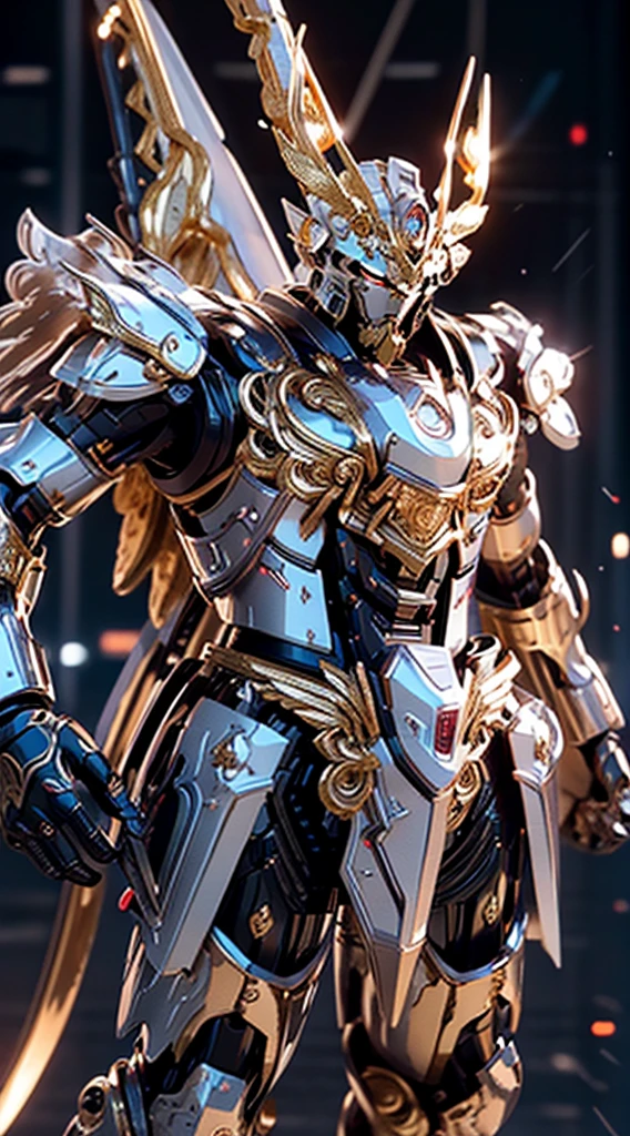 Generate a commanding full-body shot of a Warrior King mech, a regal and formidable force in the futuristic realm. The armor should be adorned with intricate royal designs, featuring symbols of power and strength. Incorporate noble metallic tones, such as gold and silver, to convey a sense of royal majesty. Equip the mech with a grand sword or a weapon befitting a warrior king, showcasing both elegance and might. The helm should have a crown-like structure, and the eyes should emit a determined and authoritative light. Proportions should convey both the grandeur of a king and the strength of a seasoned warrior, showcasing the mech's imposing presence. The pose should exude authority and readiness for battle, as if the Warrior King mech is prepared to lead with valor on the futuristic battlefield. The background, if any, should complement the royal theme, perhaps with banners or a futuristic castle. This Warrior King mech is a symbol of leadership and martial prowess, a ruling force on the futuristic battlefield