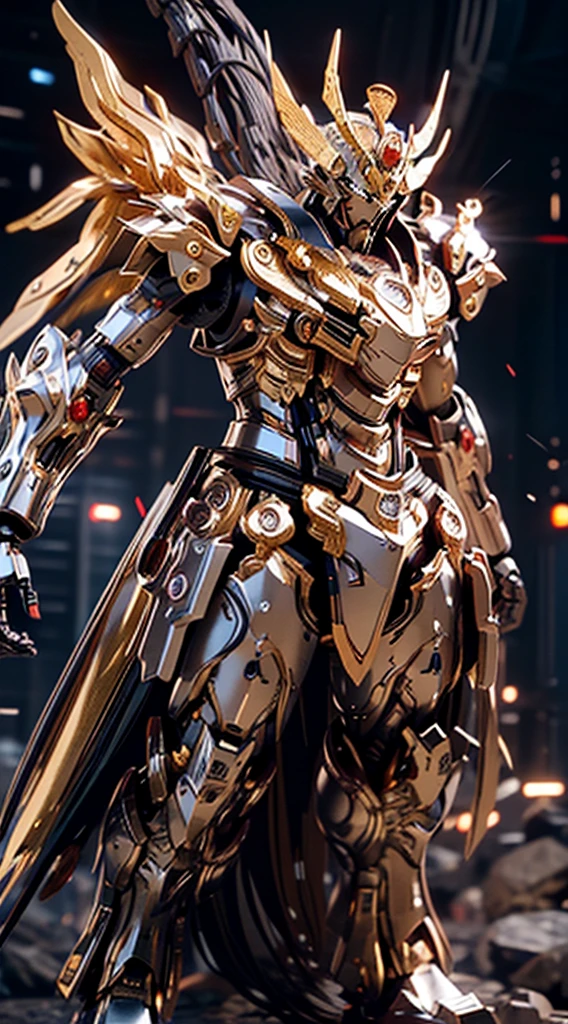 Generate a commanding full-body shot of a Warrior King mech, a regal and formidable force in the futuristic realm. The armor should be adorned with intricate royal designs, featuring symbols of power and strength. Incorporate noble metallic tones, such as gold and silver, to convey a sense of royal majesty. Equip the mech with a grand sword or a weapon befitting a warrior king, showcasing both elegance and might. The helm should have a crown-like structure, and the eyes should emit a determined and authoritative light. Proportions should convey both the grandeur of a king and the strength of a seasoned warrior, showcasing the mech's imposing presence. The pose should exude authority and readiness for battle, as if the Warrior King mech is prepared to lead with valor on the futuristic battlefield. The background, if any, should complement the royal theme, perhaps with banners or a futuristic castle. This Warrior King mech is a symbol of leadership and martial prowess, a ruling force on the futuristic battlefield